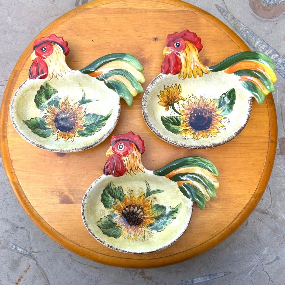 Tuscan Sunflower Rooster Bowls Set 3 Farmhouse Hand Painted Maxcera Kitsch Cotta